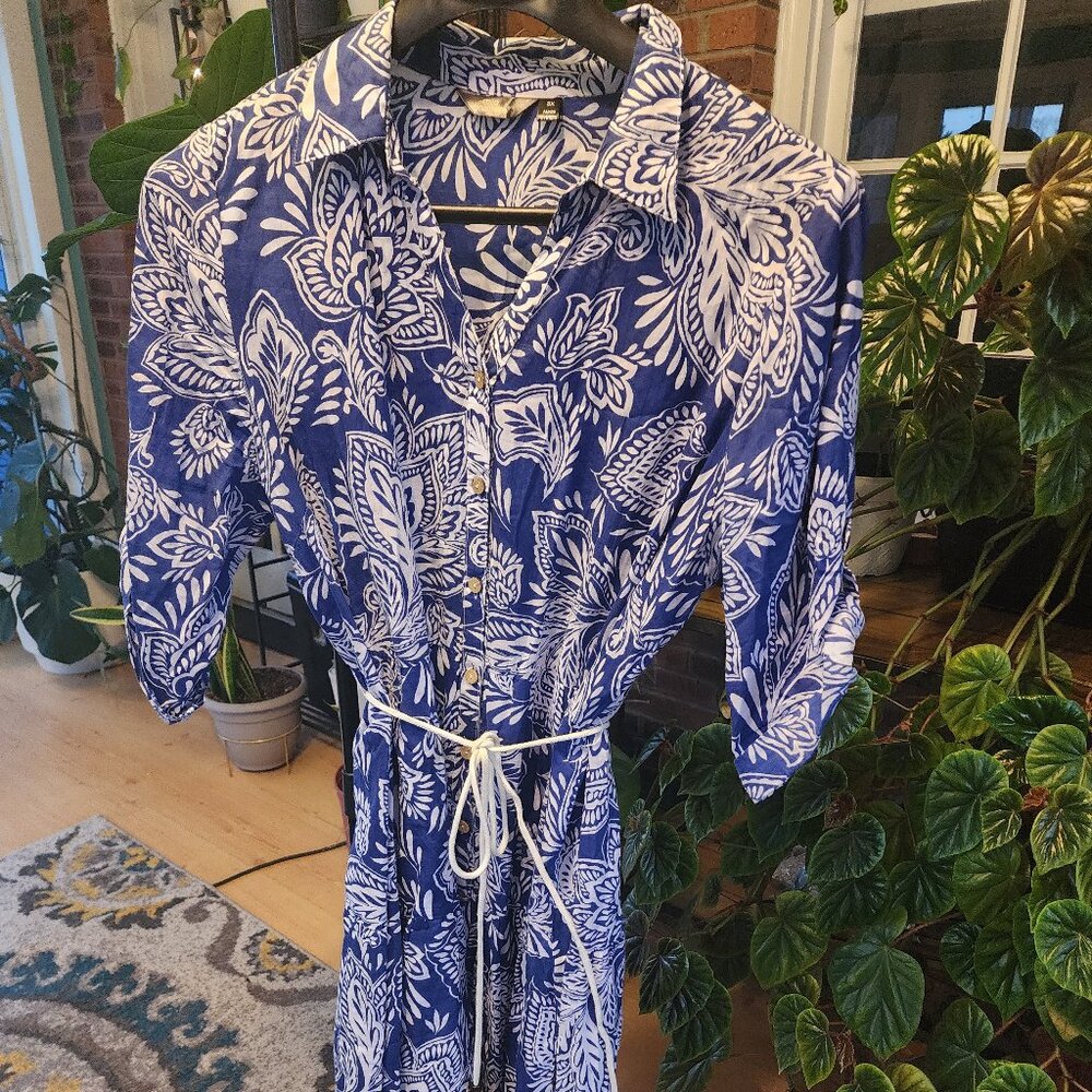 Blue and white collared shirt dress with a tie belt